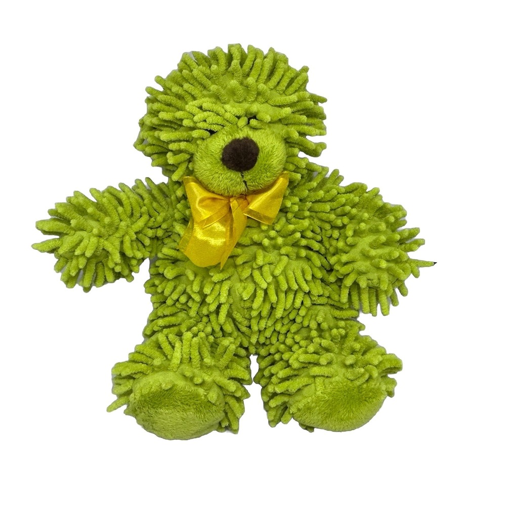Burton & Burton Cute Plush Green Teddy Bear W/ Mop Fur &‎ Yellow Ribbon 12"